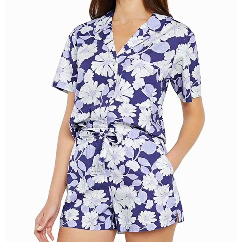 GAP Women L 2-Piece Floral Button-Up Shirt & Shorts Set Navy Ivory Lavender